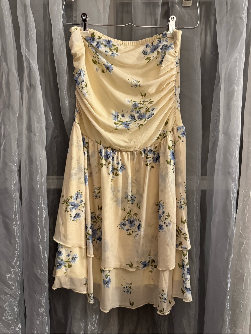 Merokeety Strapless Floral Midi Dress in Cream with Blue Blossoms